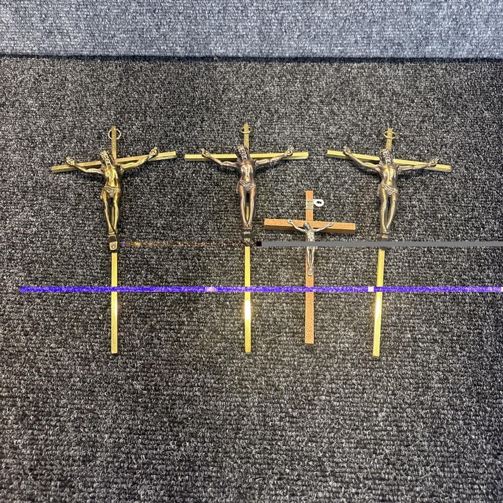 Vtg~Lot of 4~3 Brass INRI Crucifix Cross and 1 Oak~Religious Wall Hanging